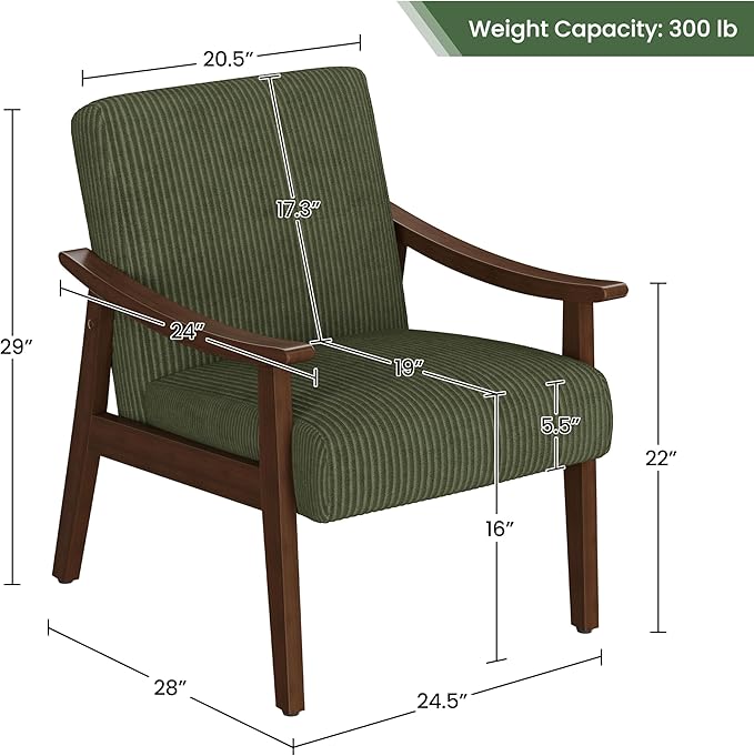Yaheetech Corduroy Accent Chair Mid-Century Modern Armchair with Solid Wood Legs Reading Leisure Chair with High Back for Living Room Bedroom Waiting Room Set of 2 Dark Green