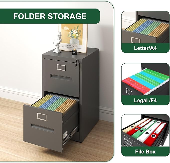 2 Drawer Metal File Cabinet with Lock Small Filing Cabinet Organizer for Home Office Under Desk Storage with Locking DrawersAssembly RequiredBlack