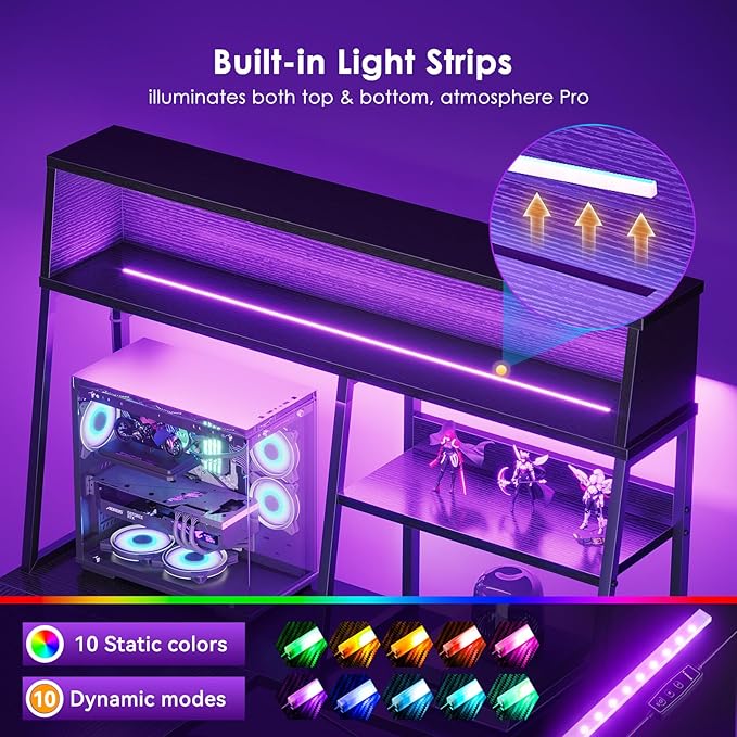 AODK L Shaped Gaming Desk with Led Lights 59 Inch Reversible Gaming Computer Desk with Display Shelves PC Gamer Desk Gamer Table with Storage Bag L Desk for Game Black