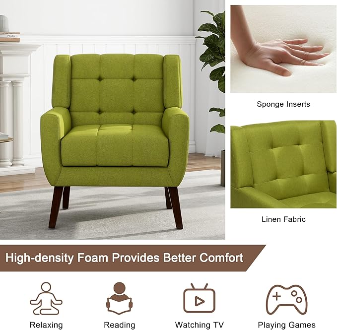 UIXE Accent Chairs Set of 2 Modern Upholstered Arm Chair in Fabric for Living Room Comfy Armchair Single Sofa Seat with Solid Wooden Legs (Green)