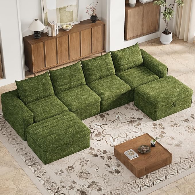 136 Modular Sectional Sofa with Deep Seat U-Shaped Cloud Couch for Living Room 4-Seater Boneless Sofa with 2 Ottomans Flexible Combination Modern Upholstery Sofa No Assembly Required Algae Green