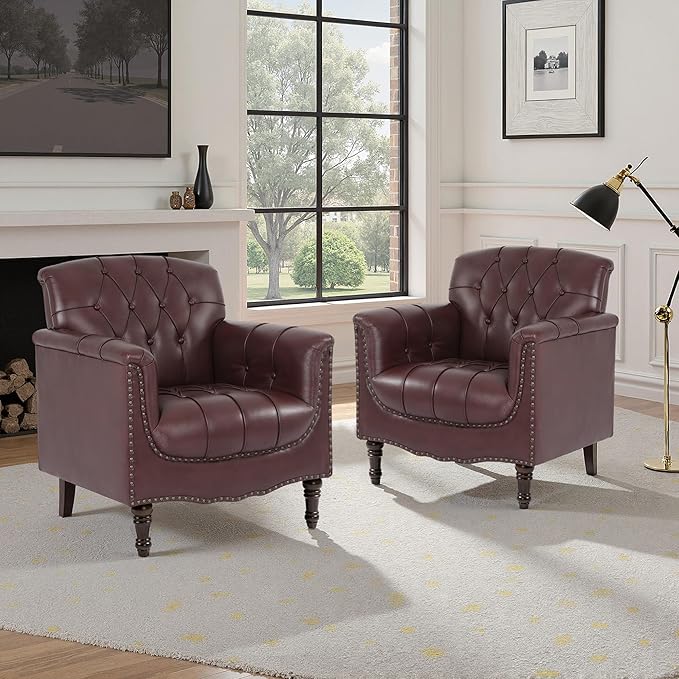 Faux Leather Accent Chair PU Leather Modern Comfy Upholstered Armchair with Wood Legs &amp Nailhead Trim for Living Room Bedroom (RedSet of 2)