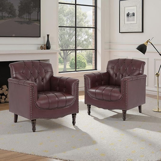Faux Leather Accent Chair PU Leather Modern Comfy Upholstered Armchair with Wood Legs &amp Nailhead Trim for Living Room Bedroom (RedSet of 2)