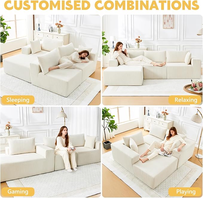 108” Boneless Couches for Living Room Cloud Modular Sectional Couch Modular Sectional Sofa with Deep Seat Modren Comfy Corduroy Fluffy Couch with L-Shaped Chaise No Assembly Required Light Beige