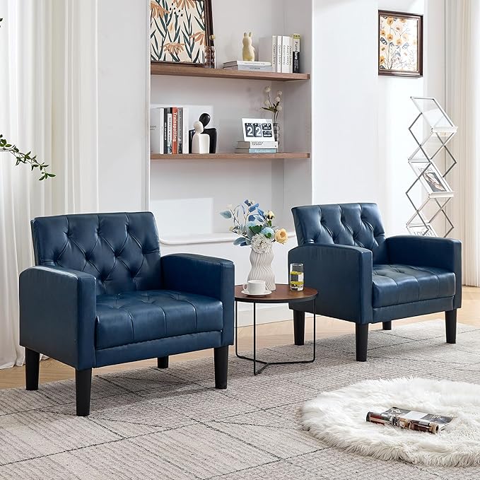 TYBOATLE Accent Chairs Set of 2 Comfy Living Room Chair Leather Tufted Mid Century Modern Accent Chair Small Cozy Reading Arm Chair for Office Bedroom (2 Blue)
