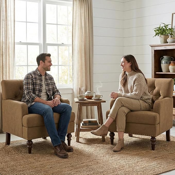 Upholstered Accent Chair with Thick Cushion High Back Reading Chair Linen Blend Armchair with Solid Rubberwood Legs for Living Room Bedroom Reading Apartment &amp Small SpacesBrownSet of 2