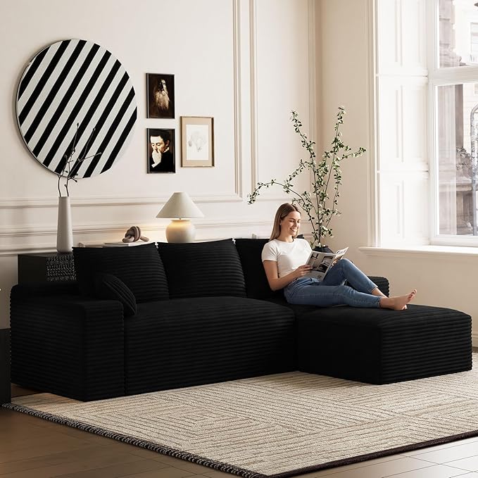 108 Sectional Couches for Living Room Comfy L Shaped Boneless Couches Modern Deep Seat Modular Sofa Cloud Corduroy Couch with Movable Ottoman No Assembly Needed Black