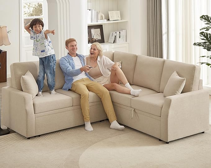 AMERLIFE 85 Inch Sofa Bed Oversized L Shape Couch with Pull Out Bed &amp Storage Seat Oversized Reversible Sleeper Sofa for Living Room Apartment Beige Linen Couch