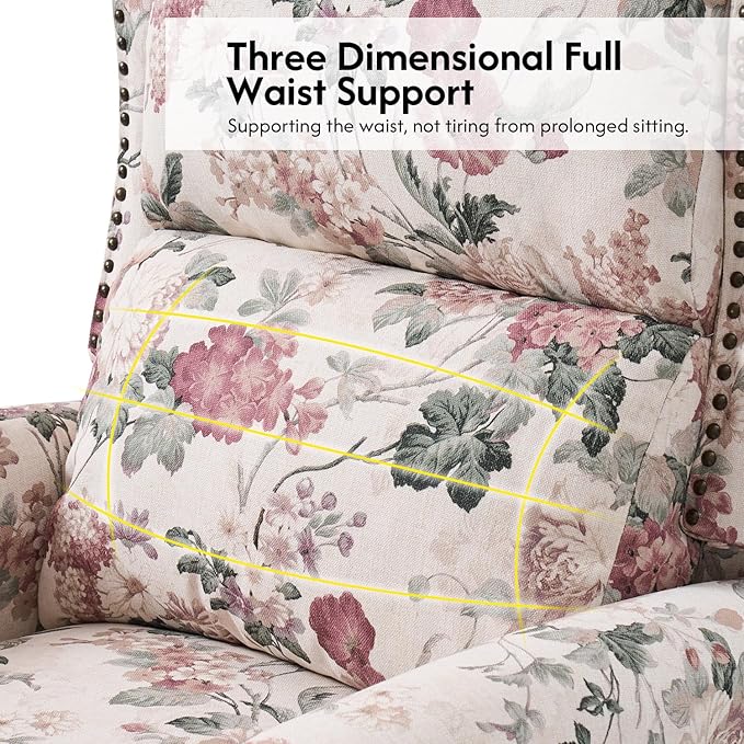 Pushback Recliner Chair Upholstered Floral Fabric Wingback Chair Single Sofa Accent Chair with Lumbar Support and Rivet Decoration for Living Room Bedroom Floral