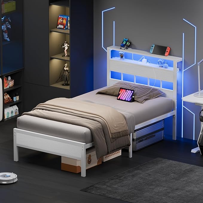 Furnulem Twin Bed Frames with Charging Station and LED Lights Twin Size Platform Bed with Metal Slats Wood Headboard with 2-Tier Storage Shelves No Box Spring Needed White