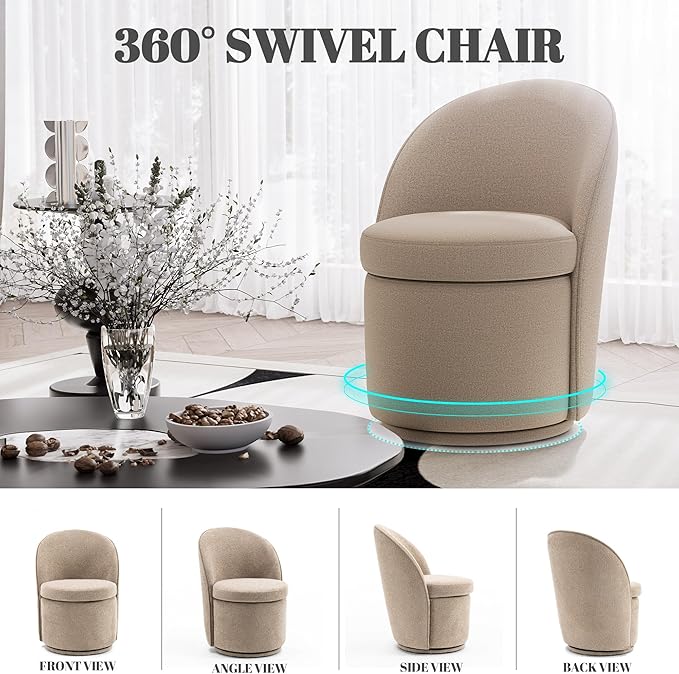 Rowill 360 Degree Swivel Vanity Chair with Back Set of 2 Modern Round Upholstered Accent Chairs Boucle Fabric for Living Room Reading Nook Makeup &amp Vanity Chair Easy Assembly Coffee