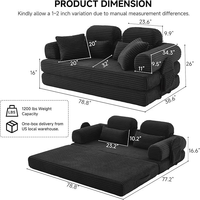 79 Sofa Bed Deep Seat 32 Sleeper Sofa 5-in-1 Convertible Sofa Bed Boneless Couch in a Box Corduroy Floor Futon with Thickened backrest and Headrest Pillows Side Pockets Black