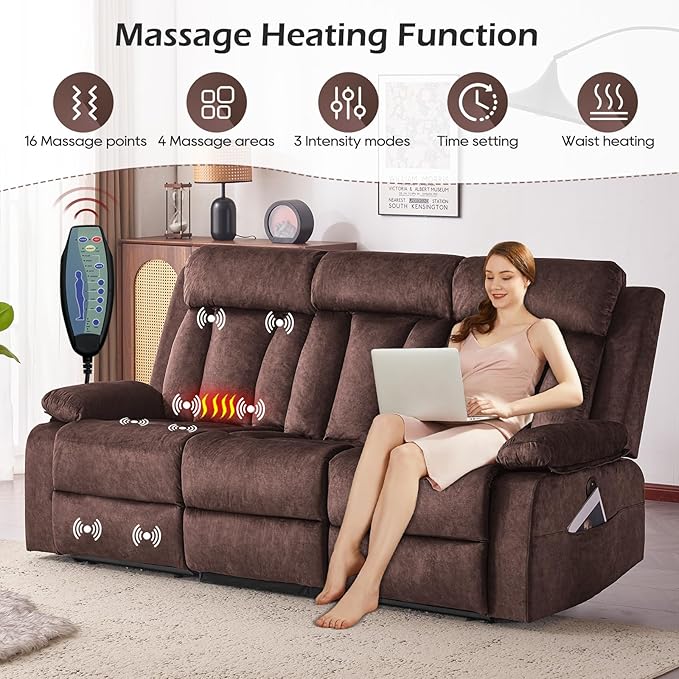 Power Reclining Sofa with Heat&ampMassage Reclining Couch with Multi-Function Console/USB Ports/Type C Wall Hugger 3 Seater-Sofa Recliner Reclining Sofa Couch for Living Room