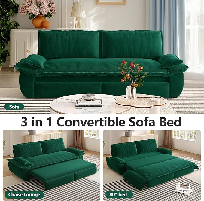 73.2 Queen Size Sofa Bed 3 in 1 Convertible Pull Out Sleeper Sofa with Thicked Cushions and Side Storage Velvet Loveseat Couch for Home Living Room Bedroom Apartment Lounge Small Spaces Green