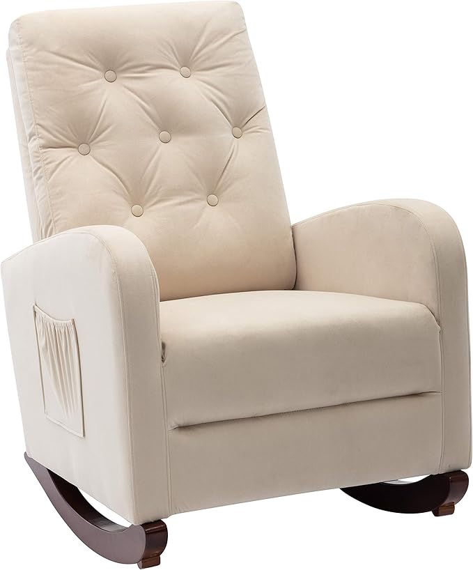 Cozy Velvet Reclining Rocking Chair with Side Storage Pocket Comfortable Button Tufted Rocker Elegant and Functional Rocking Recliner Chair Ideal for Living Room &amp Nursery Beige