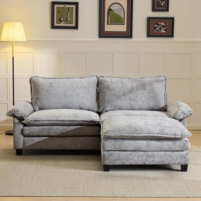 VINGLI 87 Chenille Double Layer Loveseat Sofa with 1 Ottoman L-Shaped Sectional Cloud Couch for Small Spaces Modern 2-Seater Sofa Set for Living Room &amp Apartment Light Gray