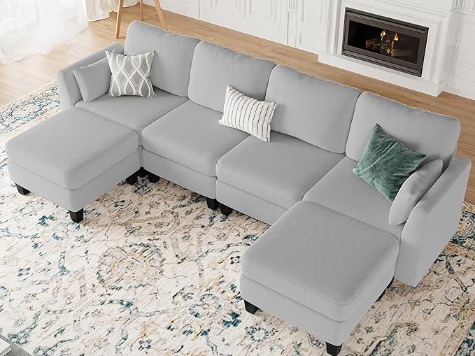 Modular Sectional Sofa 6 Seaters Modular Sleeper Sofa Couch Comfy Sectionals Couches Bed Convertible Sofas with Ottomans Sectional Couches for Living Room Light Grey
