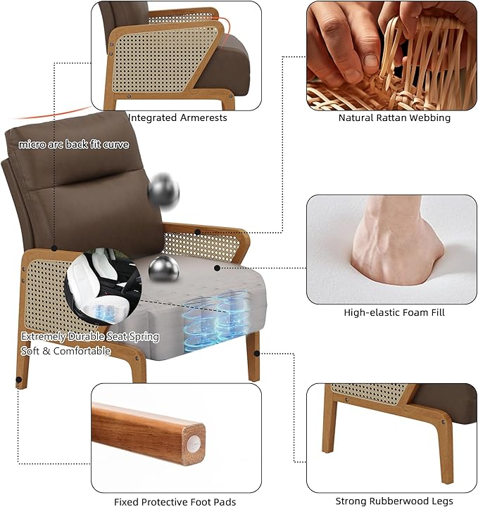 Alunaune Upholstered Living Room Chairs Accent Chair Armchair Set of 2 Natural Rattan Faux Leather Slipper Club Chair Guest Reception Couch Comfy Single Sofa for Reading Bedroom-Brown