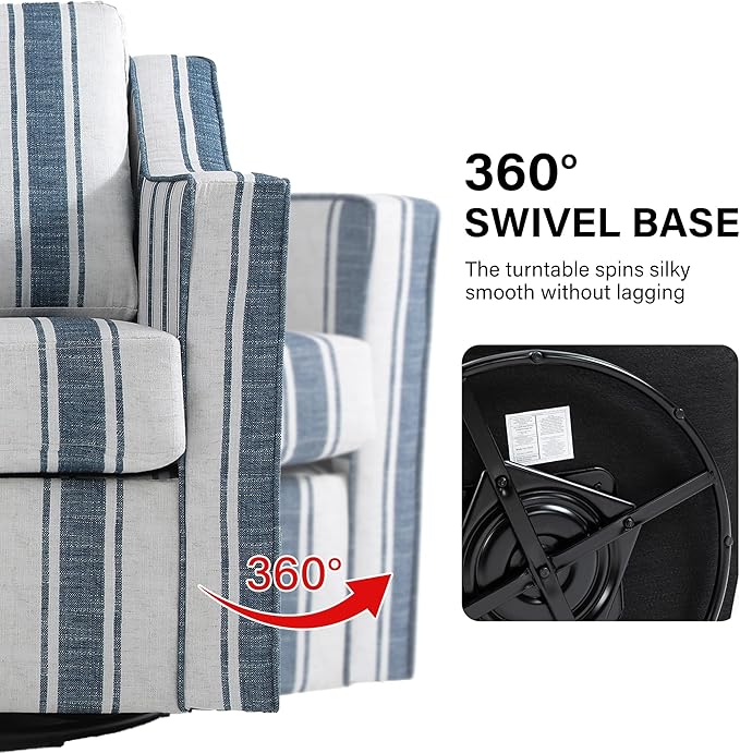 Swivel Accent Chair Modern Round Barrel Arm Chair for Living Room Bedroom Comfy Club Reading Chairs for Adults (Stripe Navy Blue Set of 2)