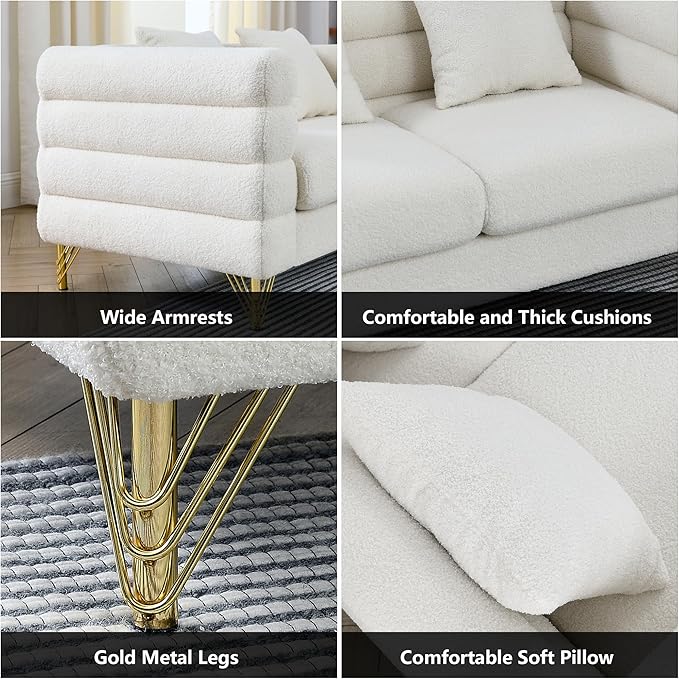 mikibama Luxury Teddy Sofa Set for Living Room Modern Decor Furniture Sectional Sofa 3 Seater Couch and Loveseat with 5 Pillows for Apartment Office Hall (White)