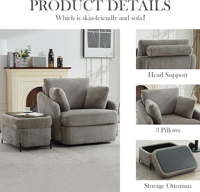 Aoiy &amp Wifon 40.55 W Oversized Swivel Chair with OttomanSwivel Accent Chair with Ottoman for Living Room Corduroy Gray