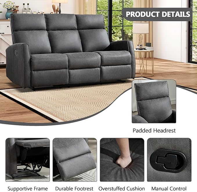 EBELLO Manual Reclining Couch Set for Living Room Wall-Hugger Reclining Living Room Furniture Set Included 2-Seater Recliner Chair and 3-Seat Reclining Sofa Couches for Home and Office Grey