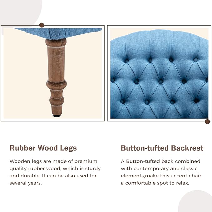 Accent ChairButton-Tufted Upholstered Chair SetMid Century Modern Chair with Linen Fabric and Ottoman for Living Room Bedroom Office LoungeBlue