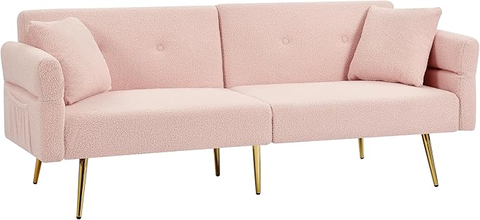 Pink Futon Sofa Bed Loveseat with Adjustable Backrest and Armrests Teddy Couch with Pillows and Side Pocket for Small Spaces Living Room Apartment Or Office (Pink)