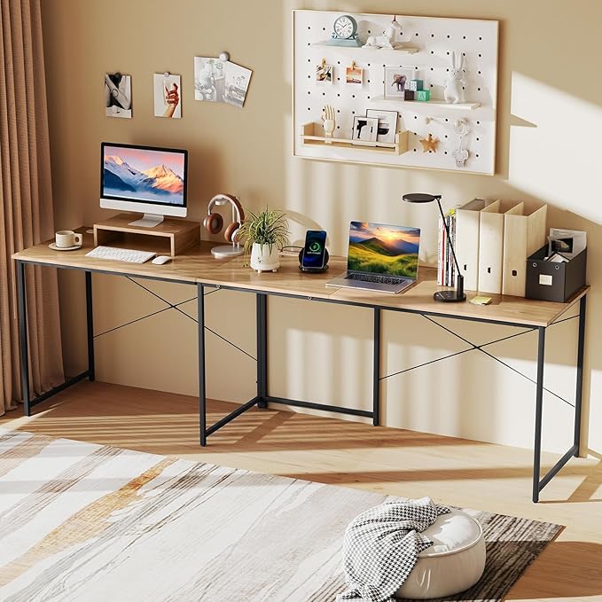 Tangkula L-Shaped Computer Desk with Power Outlets 95” Long 2-Person Desk with Monitor Shelf Modern Corner Desk Gaming Table with USB Ports for Home Office