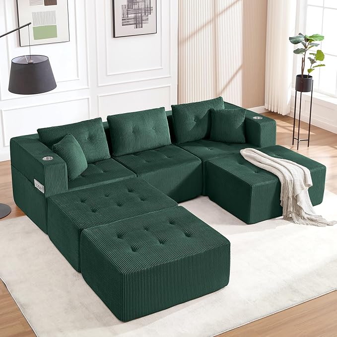 100 Modular Sectional Sofa Bed Oversized 6-Seater Boneless Tufted Cloud Sleeper Couch with Cup Holder and Movable Ottoman Corduroy Upholstery Couches for Living Room No Assembly Green