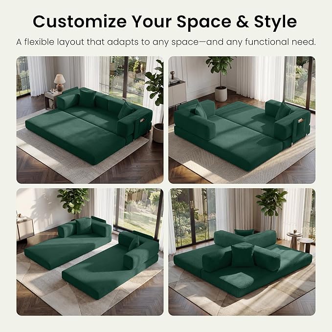 78.8 Convertible Sofa BedCorduroy Futon Couch with Storage PocketFolding Pull Out Futon SofaNo Assembly Boneless Couch for Living Room Emerald Green | Convertible Sofa Bed Boneless Couch sofa f