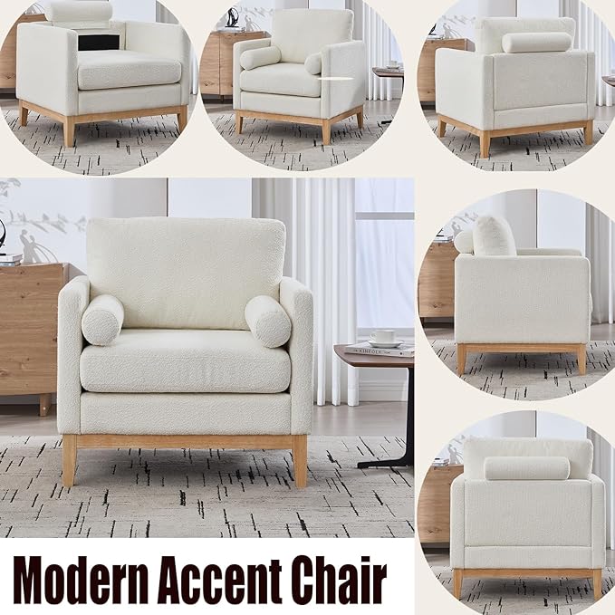 35.4 Ivory Boucle Modern Accent Chair with Wood Legs - Pocket Spring Foam SeatBolster PillowsEasy Assembly Reading Armchair Single Sofa for Living Room &amp OfficesLounge (Ivory+Natural Legs)