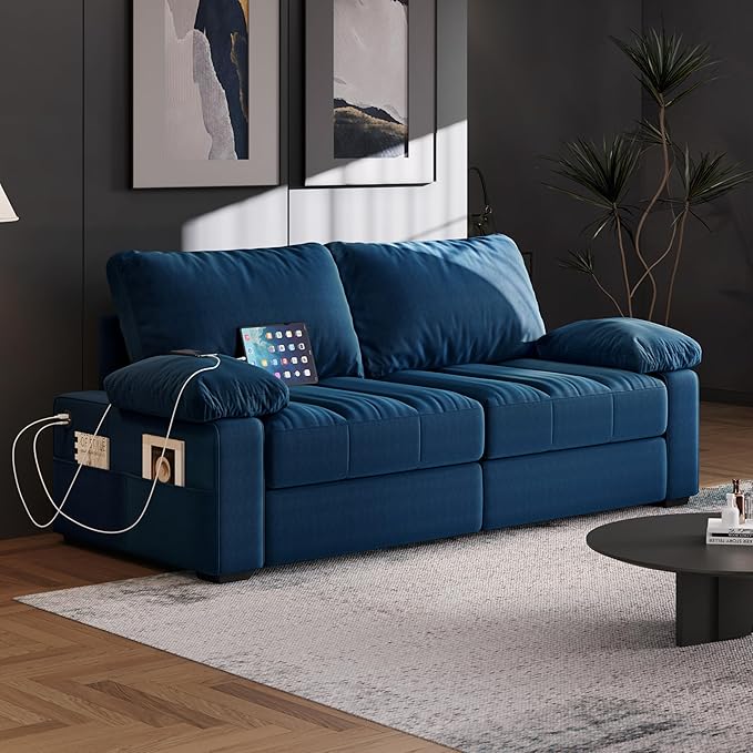 Yaheetech 79 Velvet Futon Sofa with Storage Pockets &amp USB Ports Removable Armrest Pillow &amp Cover Modern Comfy Loveseat Couch for Living Room Apartment Bedroom Blue