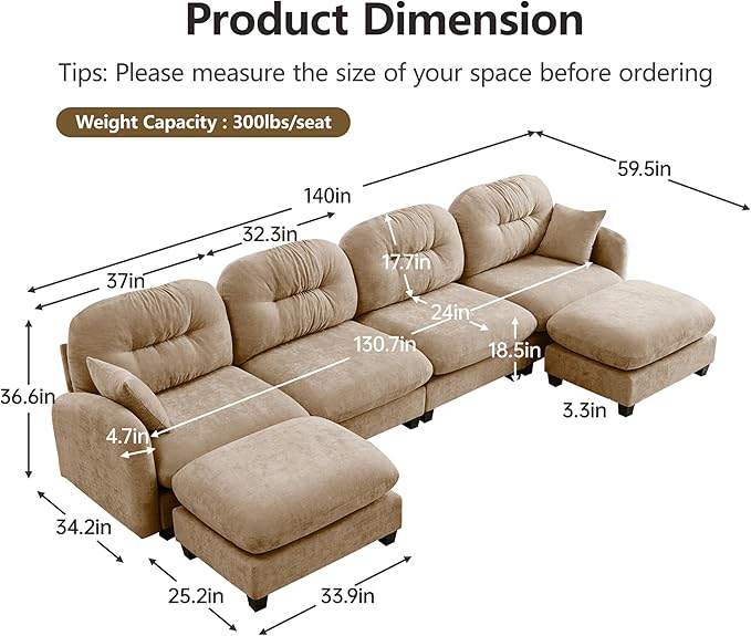 mikibama 140 Chenille Cloud Sofa 4 Seater Couch with OttomansModern Modular Sectional U-Shaped Cloud Sofas with Deep SeatU Shape Couch with Chaise LoungesCurved Arms for Living Room(Camel4S+2O)