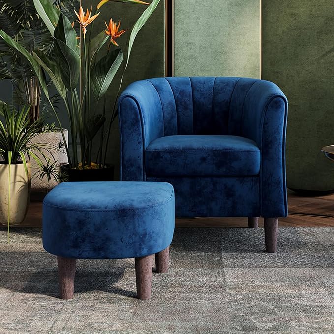 LINSY Accent Chair with Ottoman Modern Barrel Chair Comfy Armchair Reading Chair with Footrest Round Arms Chair for Living Room Bedroom Reading Room Velvet Blue