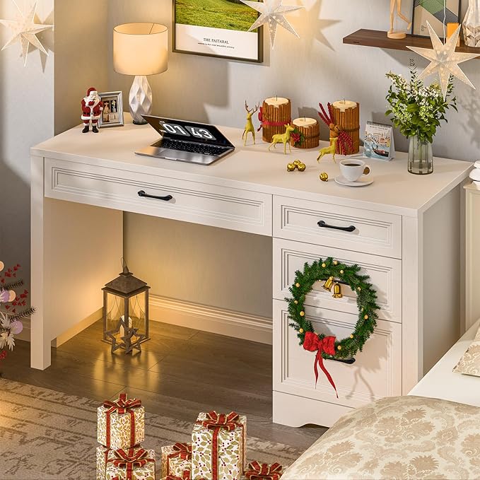 Vabches Farmhouse Executive Desk with Storage and Ample File Drawer Rustic Large Home Writing Desk for Bedroom Pure White