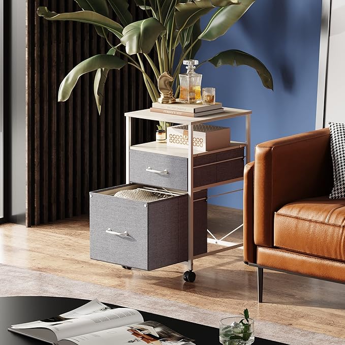 DEVAISE Mobile File Cabinet Combo Set: Lateral 3-Drawer &amp Vertical 2-Drawer with Open Shelf | Rolling Light Grey Office Storage Cabinets with Locking Casters