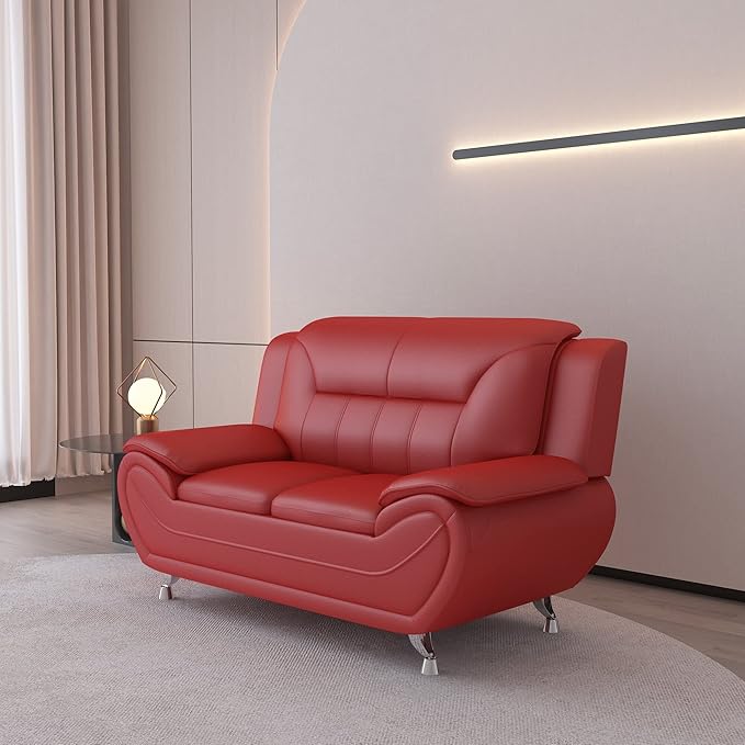 Michael Modern Faux Leather Upholstered Stainless Steel Legs Living Room Loveseat Persian Red