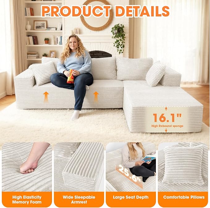 108” Modular Sectional Sofa Couches Oversized L-Shape Cloud Couch with Deep Seat Comfy Memory Foam Modern Boneless Couch for Living Room No Assembly Required