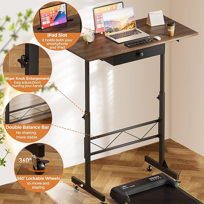 GTPLAYER Small Standing Desk Adjustable Height Small Computer Desk Mobile Portable Rolling Laptop Table with Wheels 32 Computer Workstation Sit Stand Desks Portable Standing Table Treadmill desks