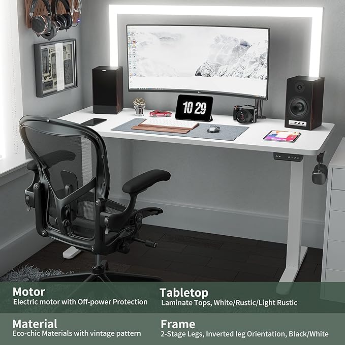 FEZIBO 55x24 Electric Height Adjustable Standing Desk Ergonomic Sit-Stand Home Office Workstation White