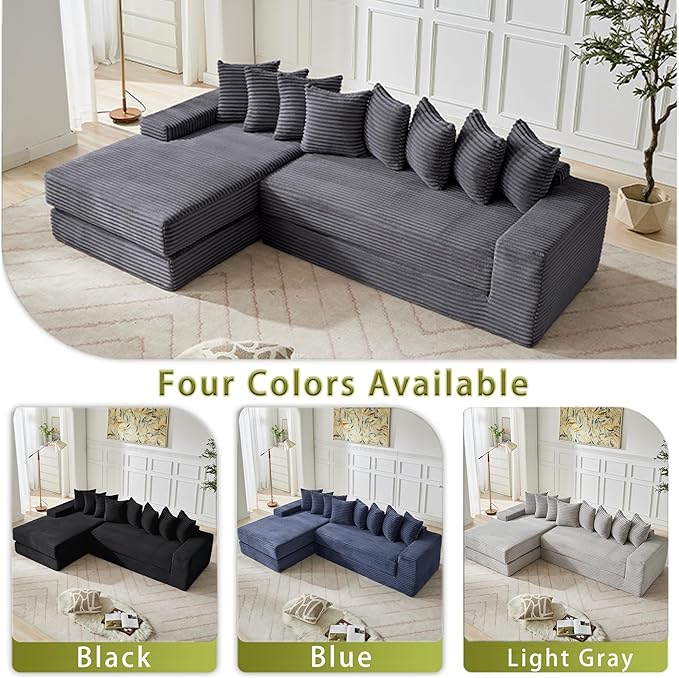110 Oversized L Shaped Convertible Sleeper Sofa Bed Corduroy Folding Sectional Sofa with 8 Pillows &amp Storage Bags Modern Floor Mattress Couch for Living Room Small Spaces Dark Grey Left Chaise