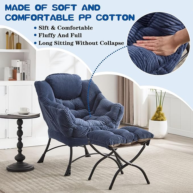 Lazy Chair with Ottoman &amp Storage Pocket Reading Chair for Bedroom Living Room Small Space Comfy Lounge Chairs Steel Frame Oversized Ergonomic Corduroy (Navy Blue)
