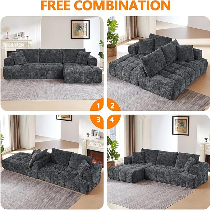 Luxury 108 Sofa with Oversized Chaise L-Shaped Chenille Modular Cloud Couch with Deep Seat &amp 2 Pillows Orange Boneless Couches for Living Room Apartments Homes (Grey Right Facing Chaise)