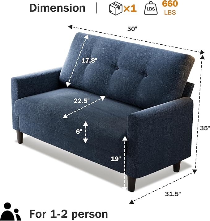 Vipbear 50 Small Loveseat Sofa Small Couch for Living Room Bedroom Office Comfy Love Seat with Deep Seat Spring Cushion Solid Wood Frame Tool-Free Assembly Navy Blue Chenille