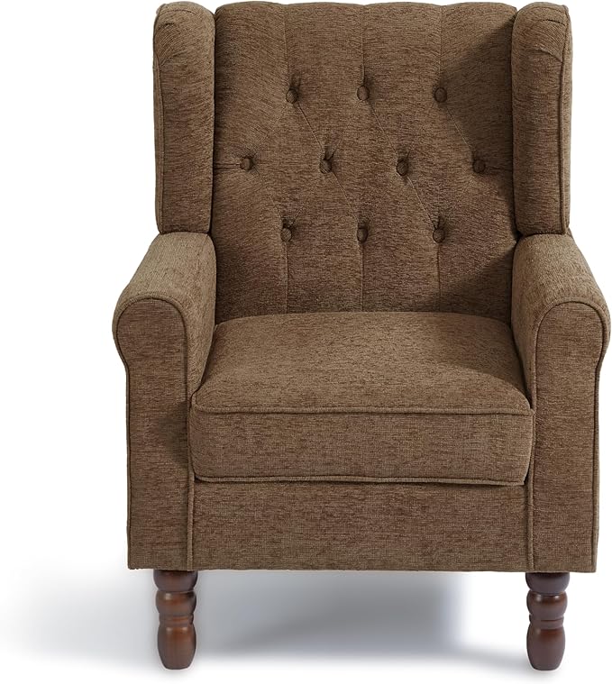 Accent Chair Upholstered Armchair with Button Tufted High Back &amp Solid Wood Legs Comfy Wingback Reading Single Sofa Chair for Small Spaces Living Room Bedroom (Brown Set of 2)