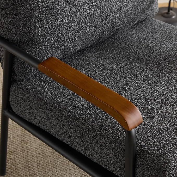 Karl home Accent Chair Modern Armchair with Metal Frame Linen Fabric Upholstory Living Room Chair Mid-Century Reading Chair with Wooden Arms for Living Room Bedroom Reading Room Apartment Gray