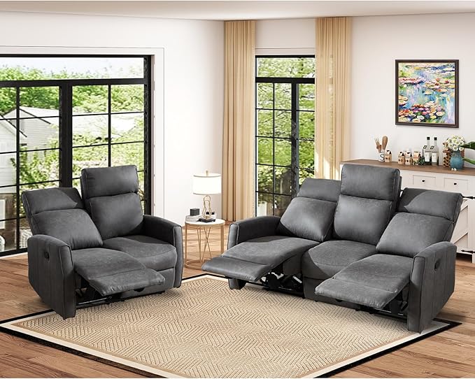 EBELLO Manual Reclining Couch Set for Living Room Wall-Hugger Reclining Living Room Furniture Set Included 2-Seater Recliner Chair and 3-Seat Reclining Sofa Couches for Home and Office Grey