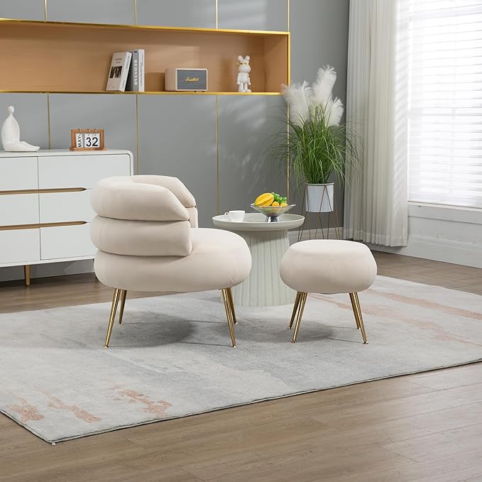 Velvet Oversized Armchair Accent Chair with Ottoman Mid-Century Modern Living Room Chairs Single Sofa Chair with Metal Legs Upholstered Tufted Reading Chairs for Bedroom Office (Beige)
