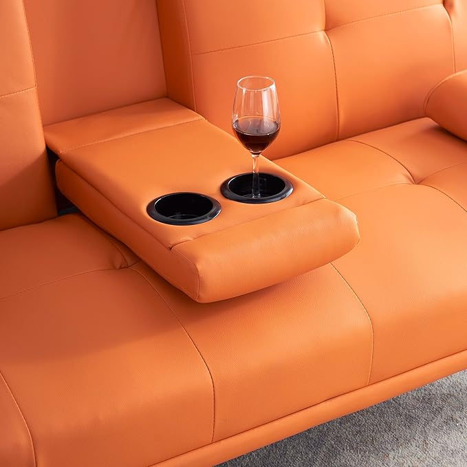 Futon Sofa Bed Modern Folding Couch for Small Space Faux Leather Convertible Loveseat Sleeper Bed Daybed Recliner Lounge Sofas for Living Room2 Cup HoldersMetal LegsRemovable Armrests (Orange)